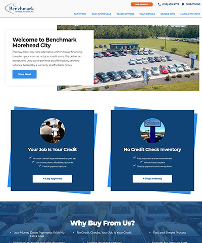 Custom buy here pay here dealership website we built for a dealer in Morehead City, NC