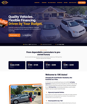 Custom dealer website with shop-by-price-range sections, built for a Greenville, SC dealership