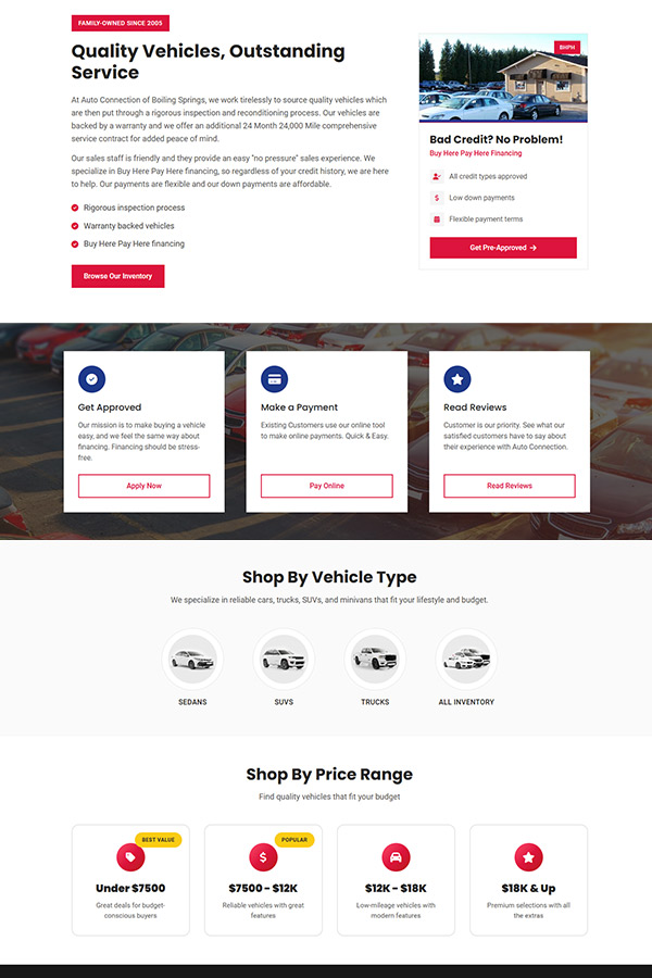 Custom homepage content for used car dealer websites showing personalized dealer messaging