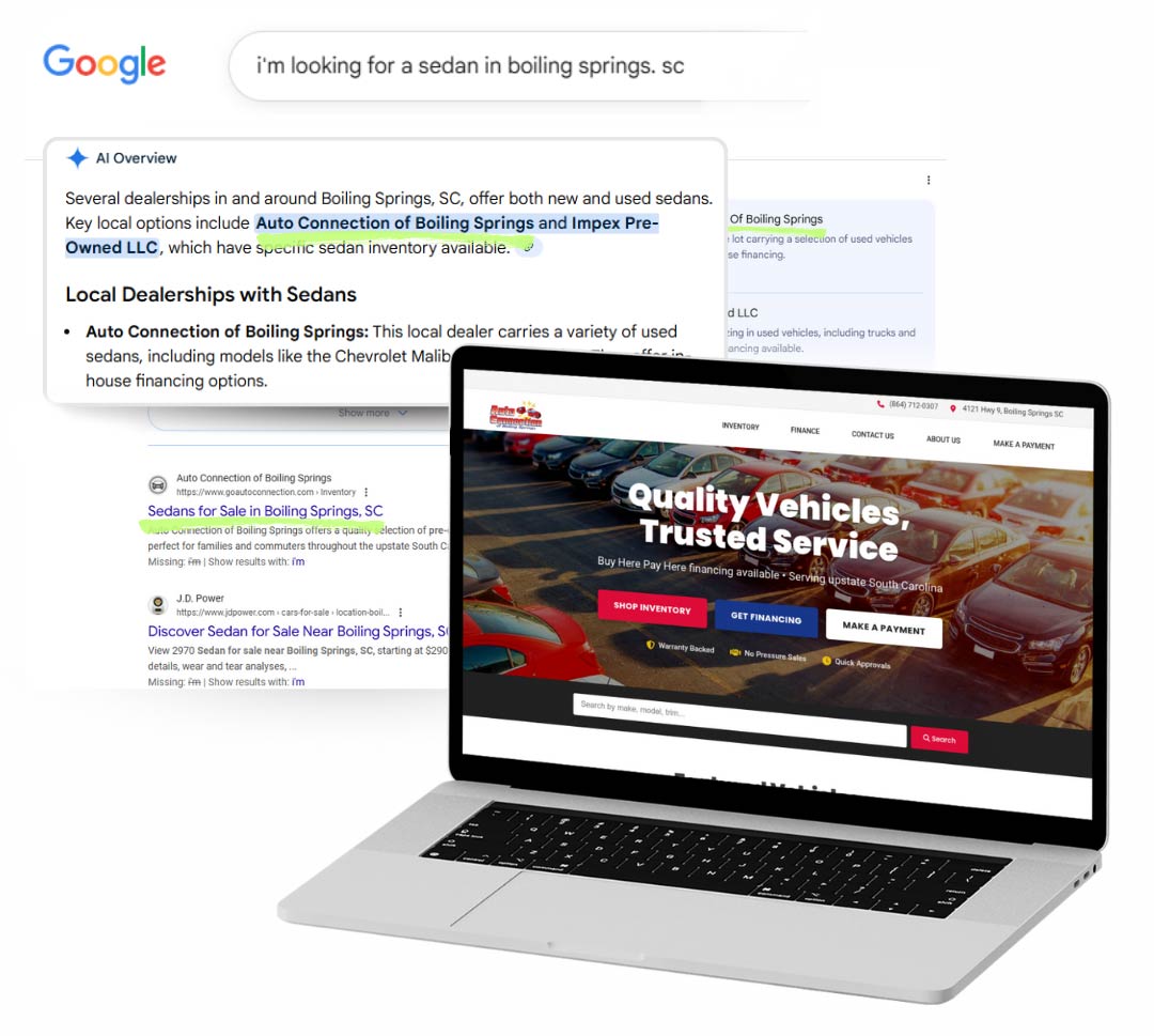 Google AI Overview naming one of our dealer clients when a buyer asks for a sedan in Boiling Springs, SC